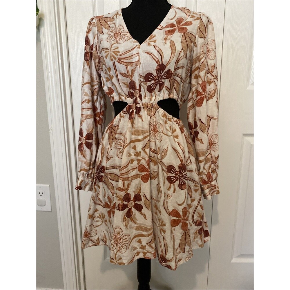 Boho Floral V-Neck Cut Out A-Line Mini Dress Long Balloon Sleeve Size L